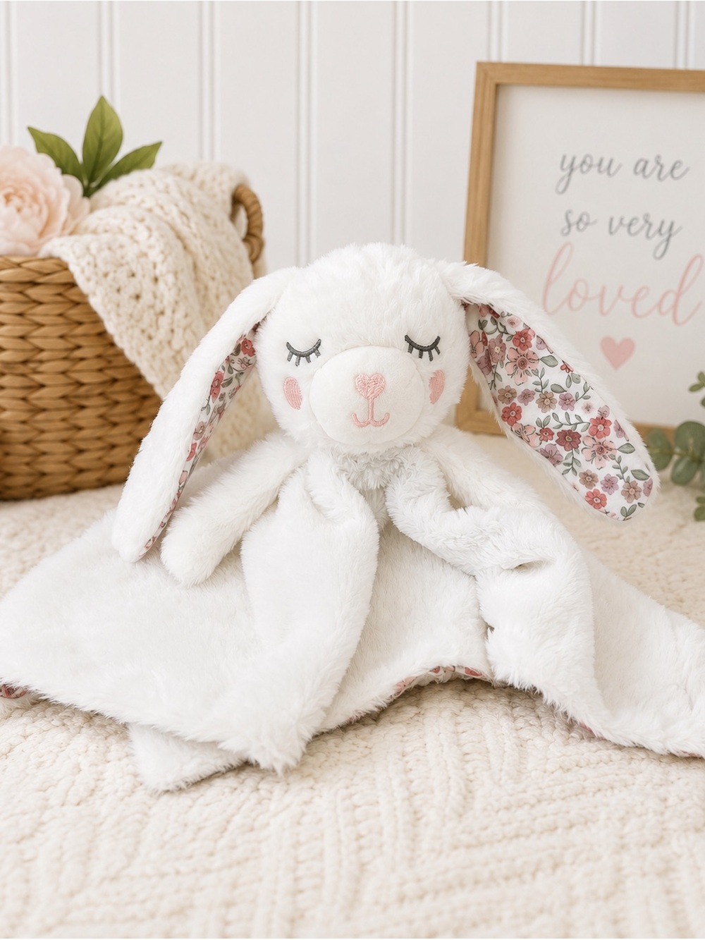 Dreamgro White Bunny Lovey Security Blanket Floral Ears 13x13 Plush Baby